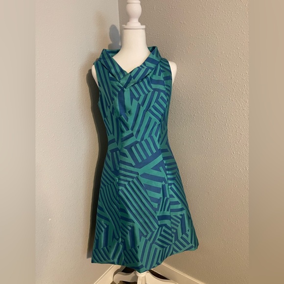 B MIchael America Red Collection Blue & Mint Patterned Knee Length Dress Size 4 - Picture 3 of 11